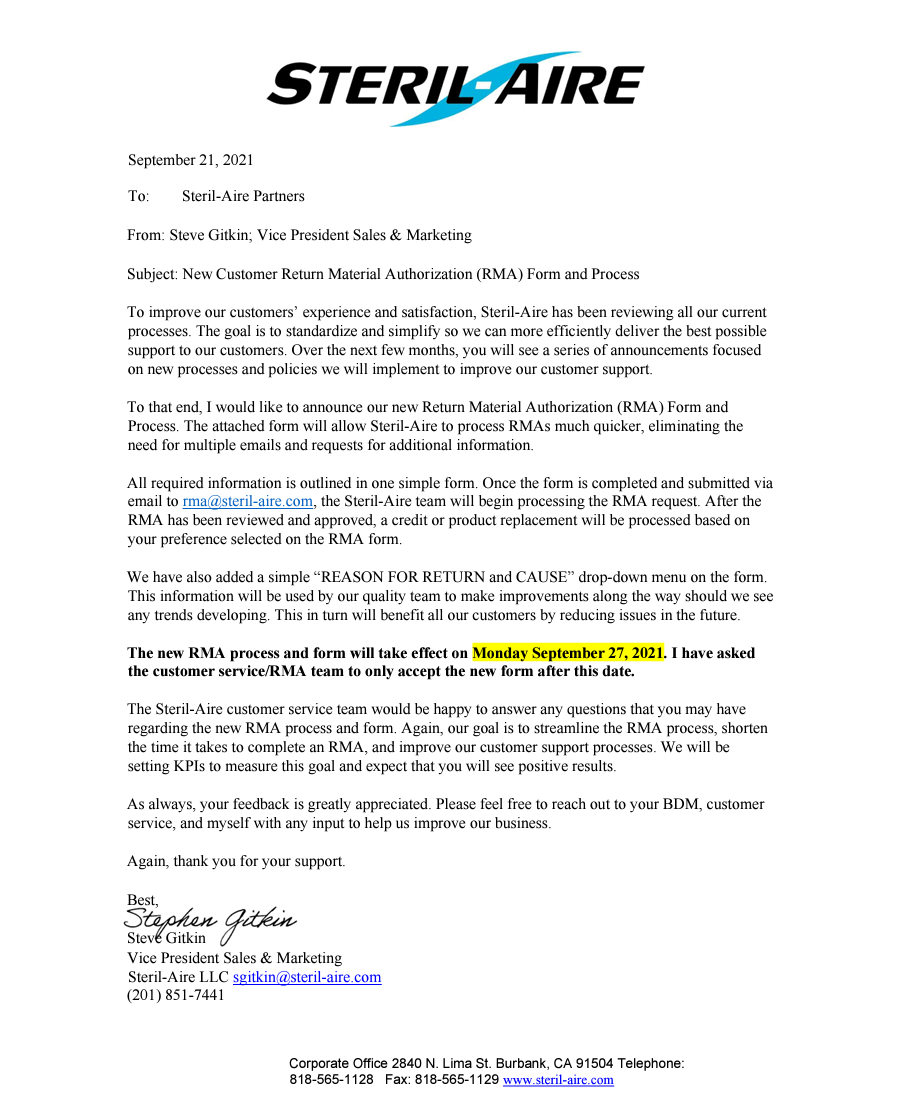 steril-aire customer return material authorization customer notice document