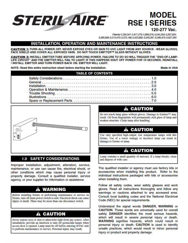 RSE I (SteriLight) Installation Sheet pdf sheet thumbnail
