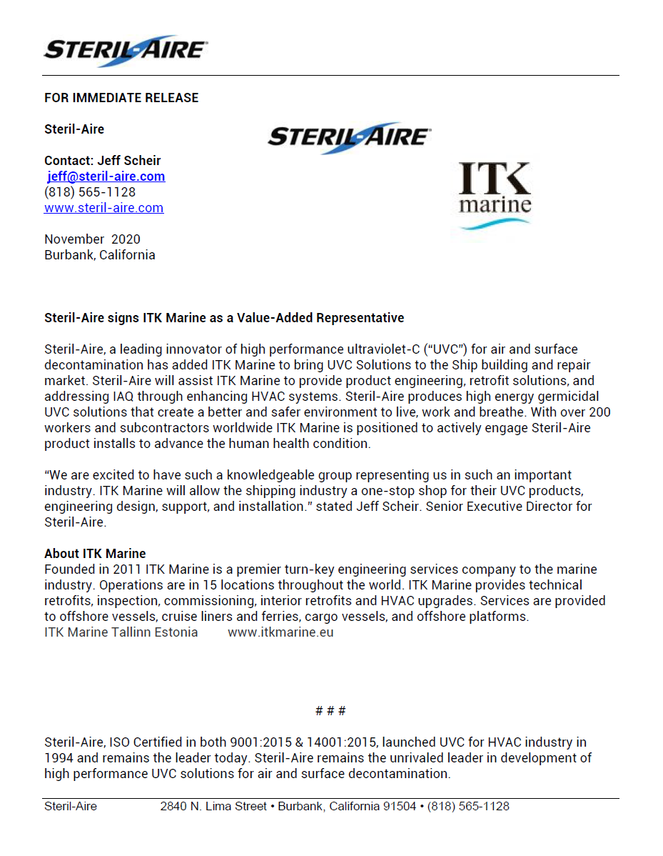 Steril-Aire signs ITK Marine Press Release 2020